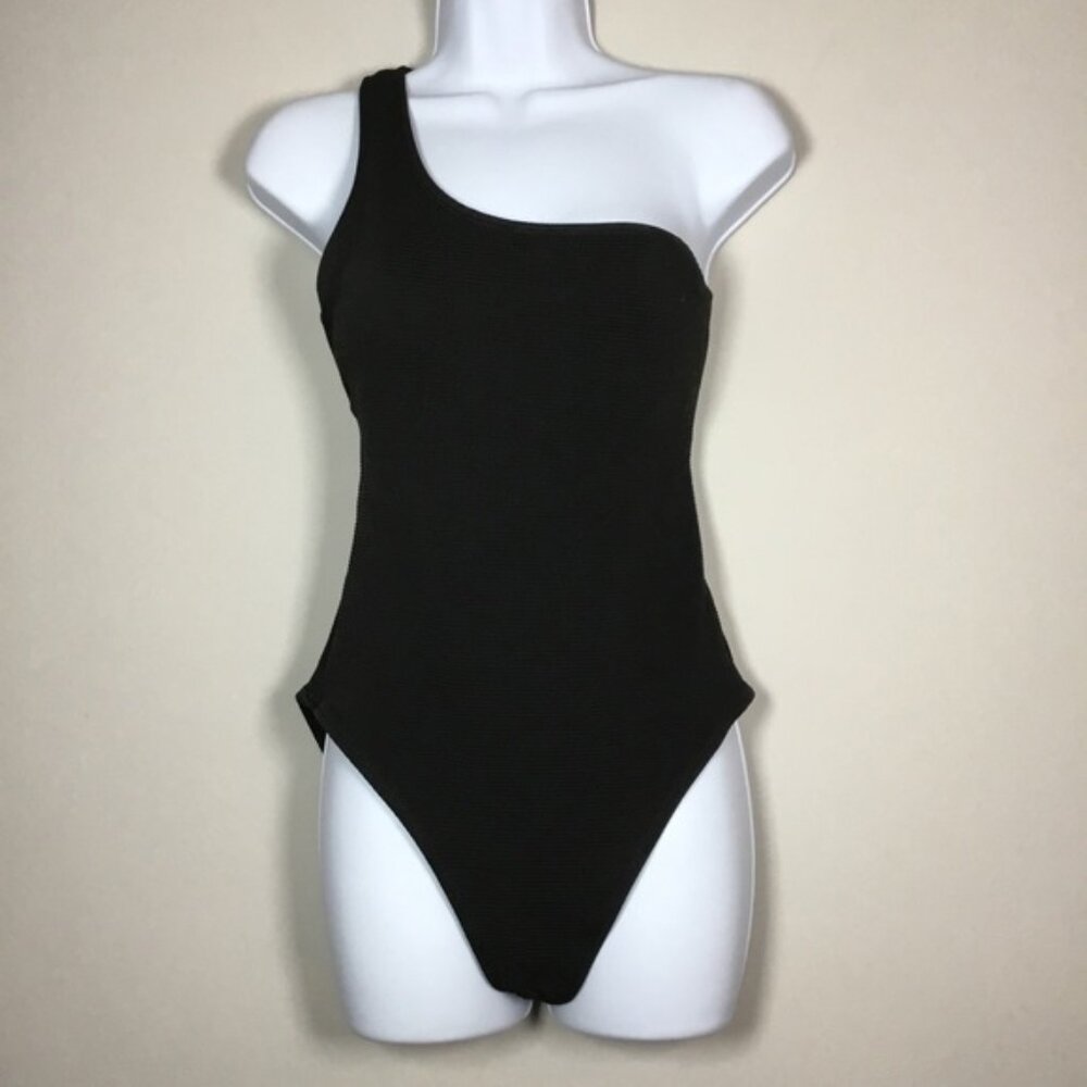 One shoulder black rubbed onepiece swimsuit size Small